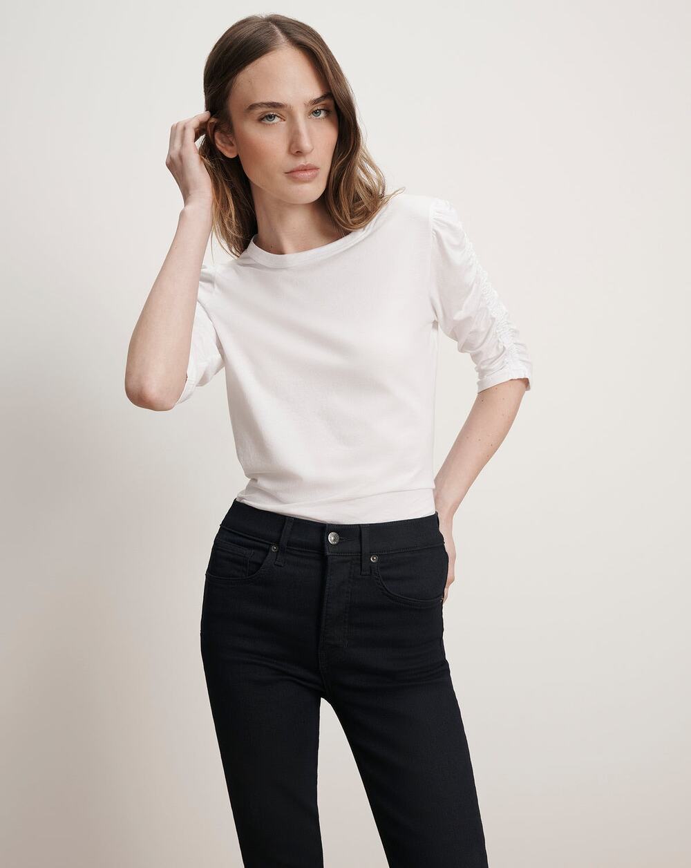 Veronica Beard Waldorf Ruched-Sleeve T-Shirt White Large Pima Cotton EUC
